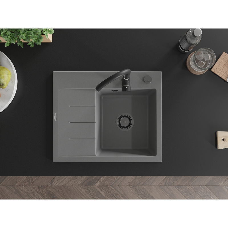Mexen Ben granite kitchen sink 1-bowl with drainer, right 600 x 500 mm, gray, black siphon - 6523605000-71-B