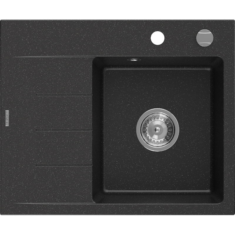 Mexen Ben granite sink 1-bowl with right drainer 600 x 500 mm, black/silver metallic, chrome siphon - 6523605000-73