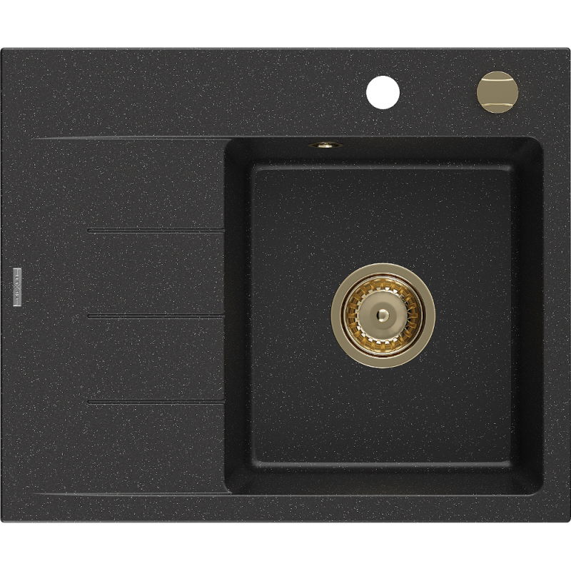 Mexen Ben 1-bowl granite sink with right drainer 600 x 500 mm black/silver metallic, gold siphon - 6523605000-73-G