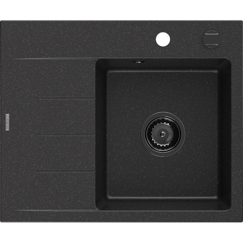 Mexen Ben granite kitchen sink 1-bowl with right drainer 600 x 500 mm black/silver metallic black siphon - 6523605000-73-B