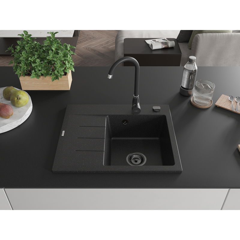 Mexen Ben 1-bowl granite sink with drainer, right 600x500 mm, black/silver metallic black siphon - 6523605000-73-B
