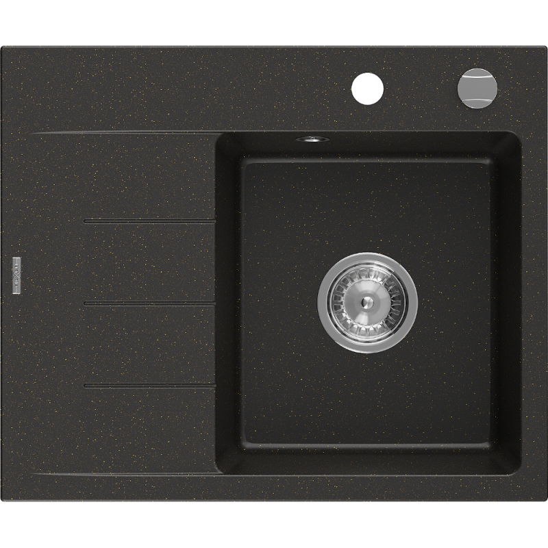 Mexen Ben 1-bowl granite sink with right drainer 600 x 500 mm, black/gold metallic, chrome siphon - 6523605000-75
