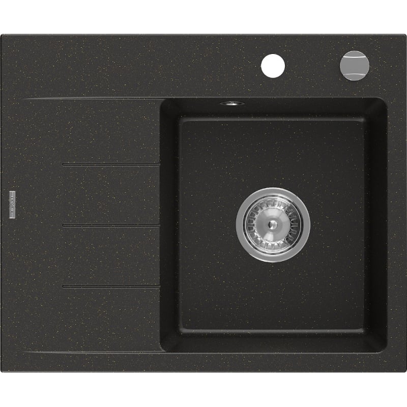 Mexen Ben granite sink 1-bowl with drainer, right 600 x 500 mm, black/gold metallic, chrome siphon - 6523605000-75