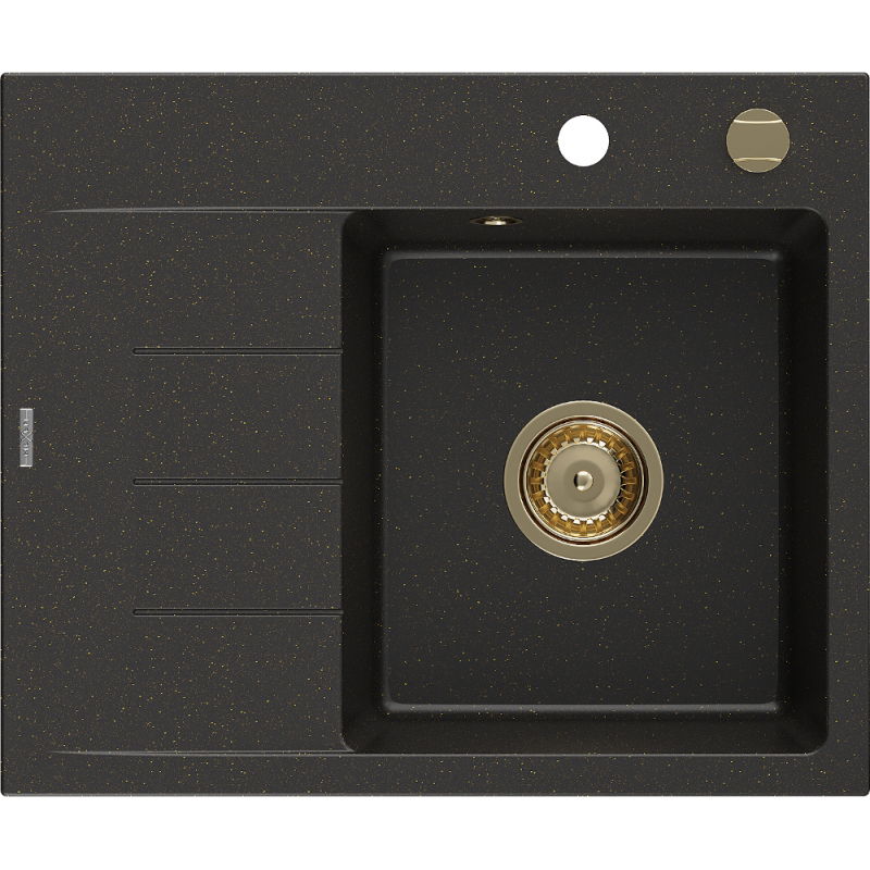 Mexen Ben granite sink with 1 bowl and right drainer 600 x 500 mm, black/gold metallic, gold siphon - 6523605000-75-G