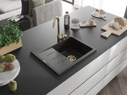 Mexen Ben granite sink with 1 bowl and right drainer 600 x 500 mm, black/gold metallic, gold siphon - 6523605000-75-G