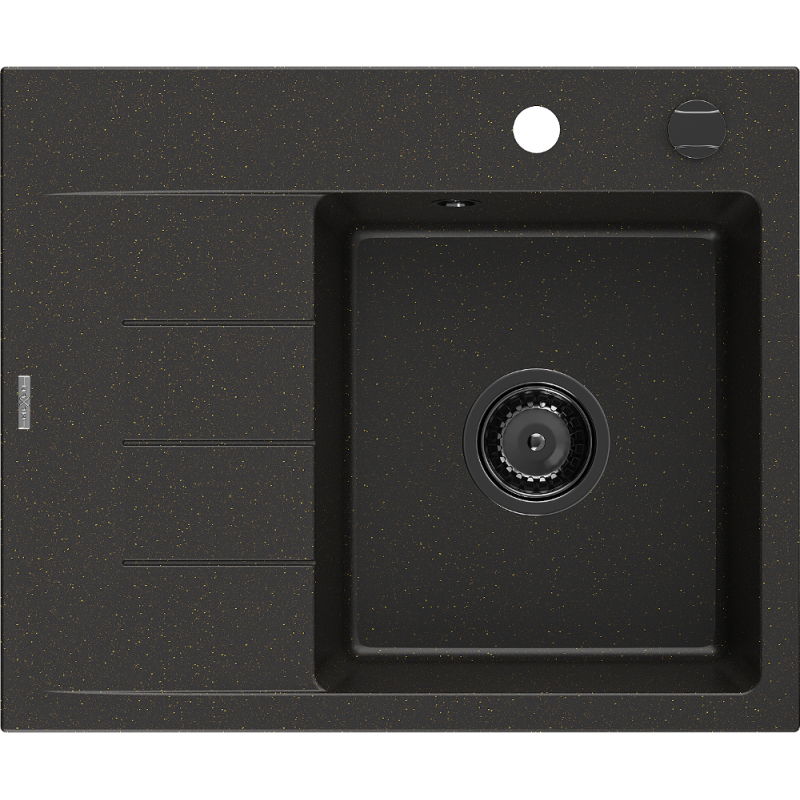 Mexen Ben granite sink 1-bowl with right drainer 600 x 500 mm, black/gold metallic, black siphon - 6523605000-75-B