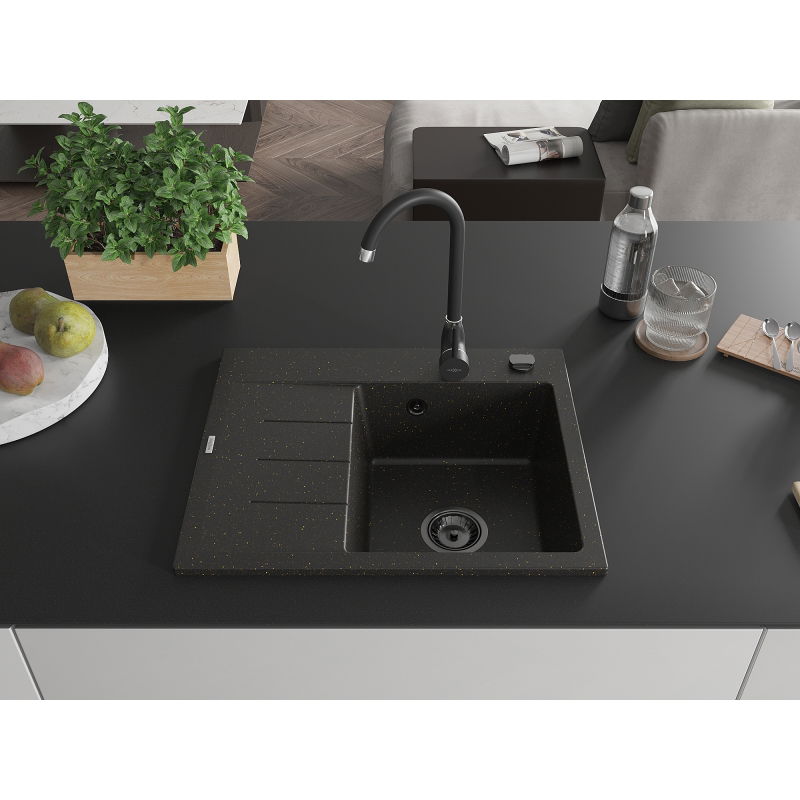 Mexen Ben granite sink 1-bowl with drainer, right 600 x 500 mm, black/gold metallic black siphon - 6523605000-75-B