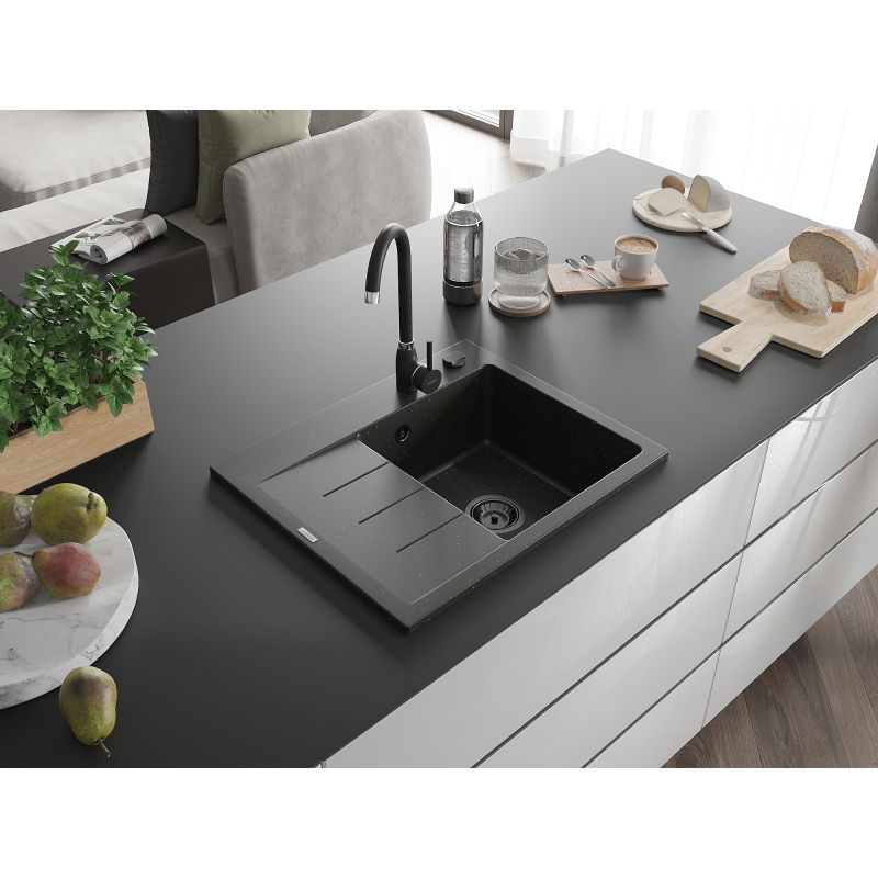 Mexen Ben granite sink 1-bowl with drainer, right 600 x 500 mm, black/gold metallic black siphon - 6523605000-75-B