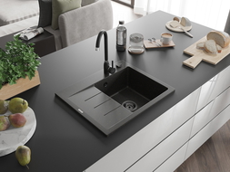 Mexen Ben granite sink 1-bowl with right drainer 600 x 500 mm, black/gold metallic, black siphon - 6523605000-75-B