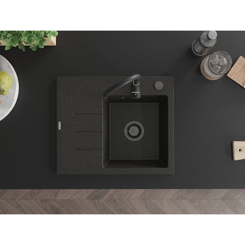Mexen Ben granite sink 1-bowl with drainer, right 600 x 500 mm, black/gold metallic black siphon - 6523605000-75-B