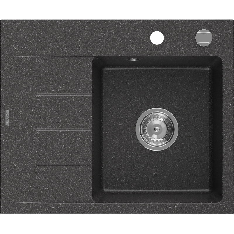 Mexen Ben granite kitchen sink 1-bowl with drainer, right 600 x 500 mm, black speckled, chrome siphon - 6523605000-76