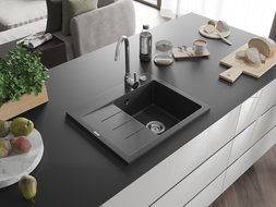 Mexen Ben granite sink 1-bowl with right drainer 600 x 500 mm, black speckled, chrome siphon - 6523605000-76