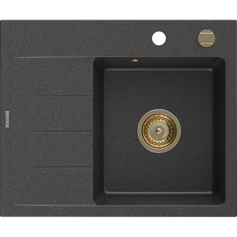 Mexen Ben Granite Kitchen Sink 1-Bowl with Right Drainer 600 x 500 mm, Black Speckled, Gold Siphon - 6523605000-76-G