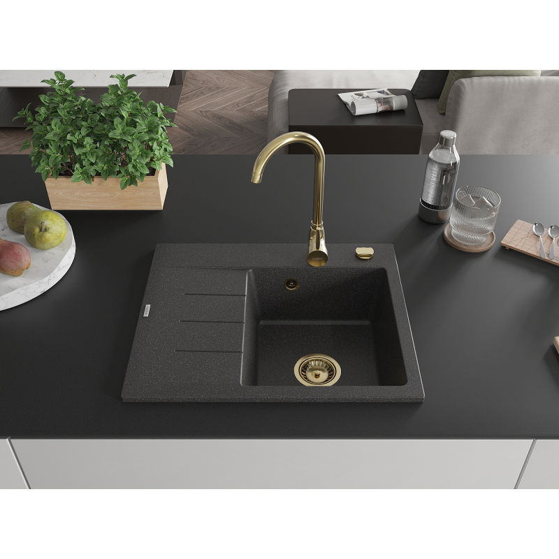 Mexen Ben 1-bowl granite sink with drainer, right 600 x 500 mm, black speckled, gold siphon - 6523605000-76-G