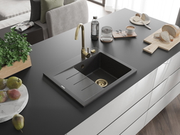 Mexen Ben Granite Kitchen Sink 1-Bowl with Right Drainer 600 x 500 mm, Black Speckled, Gold Siphon - 6523605000-76-G