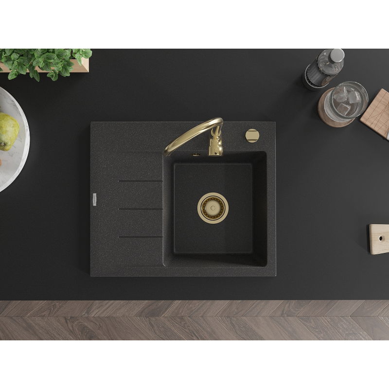 Mexen Ben 1-bowl granite sink with drainer, right 600 x 500 mm, black speckled, gold siphon - 6523605000-76-G