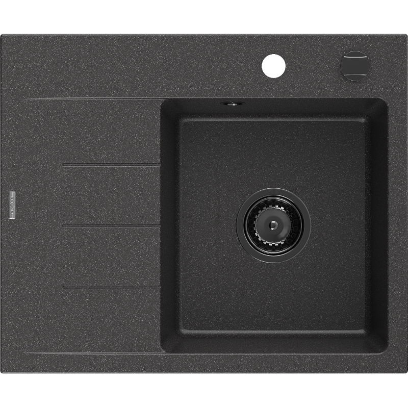 Mexen Ben granite sink 1-bowl with right drainer 600 x 500 mm, black speckled, black siphon - 6523605000-76-B