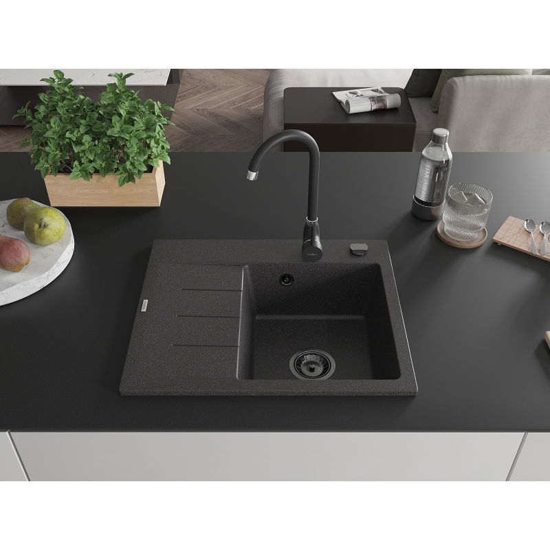 Mexen Ben granite kitchen sink, 1-bowl with drainer, right 600 x 500 mm, black speckled, black siphon - 6523605000-76-B