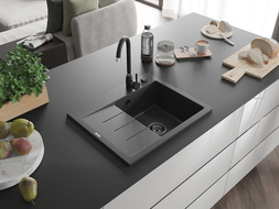 Mexen Ben granite kitchen sink, 1-bowl with drainer, right 600 x 500 mm, black speckled, black siphon - 6523605000-76-B