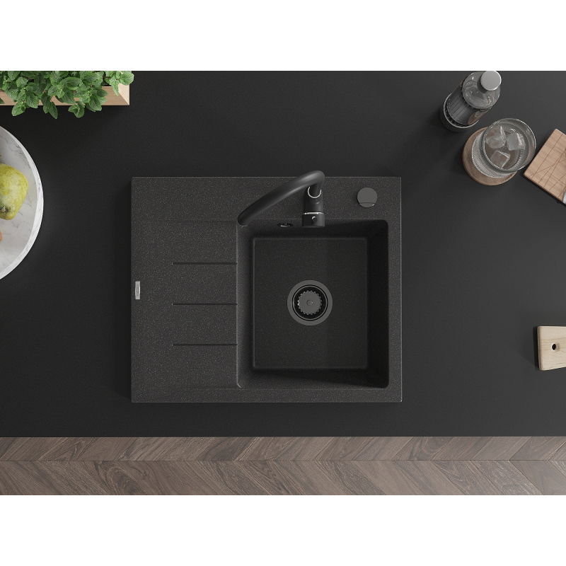 Mexen Ben granite kitchen sink, 1-bowl with drainer, right 600 x 500 mm, black speckled, black siphon - 6523605000-76-B