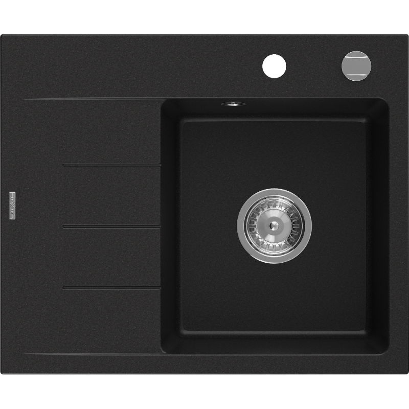 Mexen Ben granite sink 1-bowl with right drainer 600 x 500 mm, black, chrome siphon - 6523605000-77