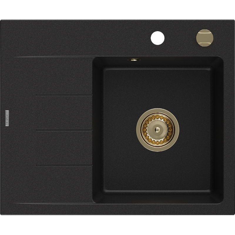 Mexen Ben granite kitchen sink 1-bowl with right drainer 600 x 500 mm, black, gold siphon - 6523605000-77-G
