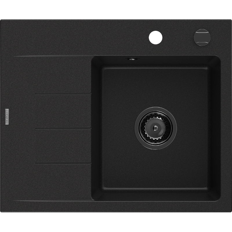 Mexen Ben granite single-bowl sink with right drainer 600 x 500 mm, black, black siphon - 6523605000-77-B