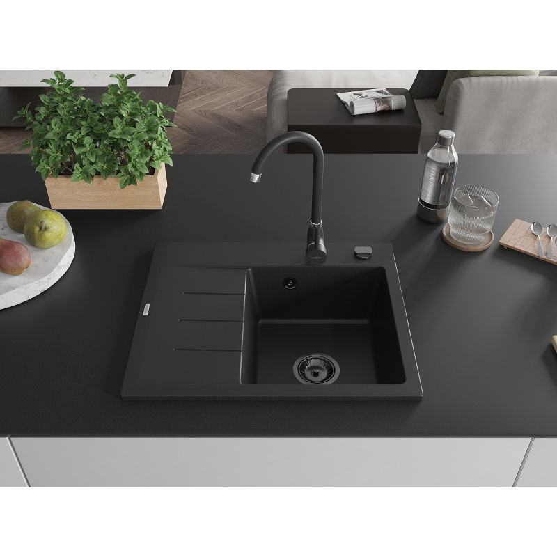 Mexen Ben granite kitchen sink 1-bowl with drainer, right 600 x 500 mm, black, black siphon - 6523605000-77-B