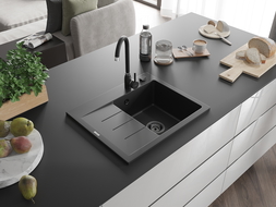 Mexen Ben granite single-bowl sink with right drainer 600 x 500 mm, black, black siphon - 6523605000-77-B