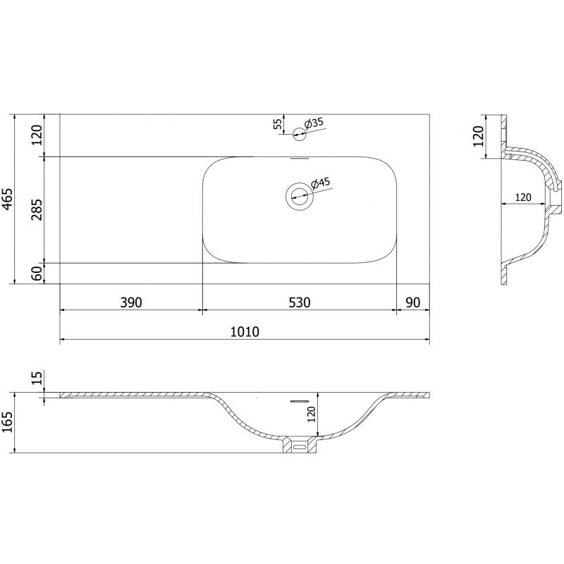 Mexen Vela recessed basin right 101 x 46.5 cm, matte black - 25231071P