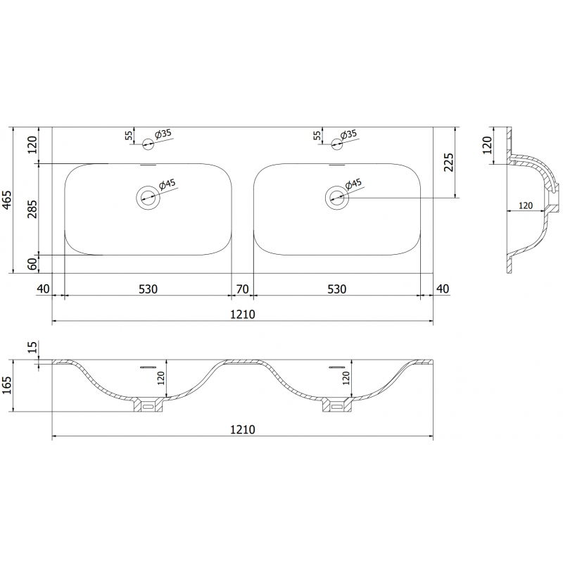 Mexen Vela countertop recessed double washbasin 121 x 46.5 cm, white gloss - 25231200D