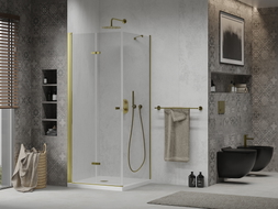 Mexen Lima 90 x 90 cm folding shower enclosure, transparent, gold + Flat shower tray - 856-090-090-50-00-4010