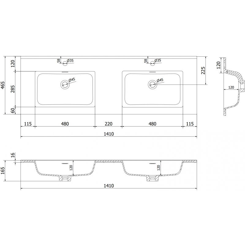 Mexen Otis double countertop sink 141 x 46.5 cm, white gloss - 25181400D