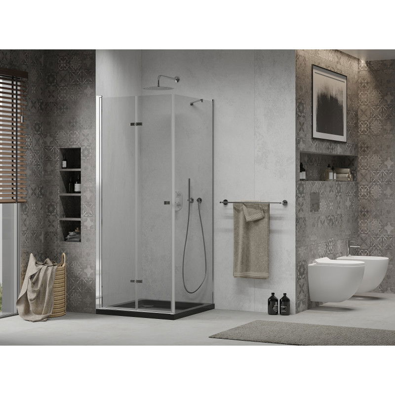 Mexen Lima 80 x 80 cm Folding Shower Enclosure, Transparent, Chrome + Flat Tray, Black - 856-080-080-01-00-4070