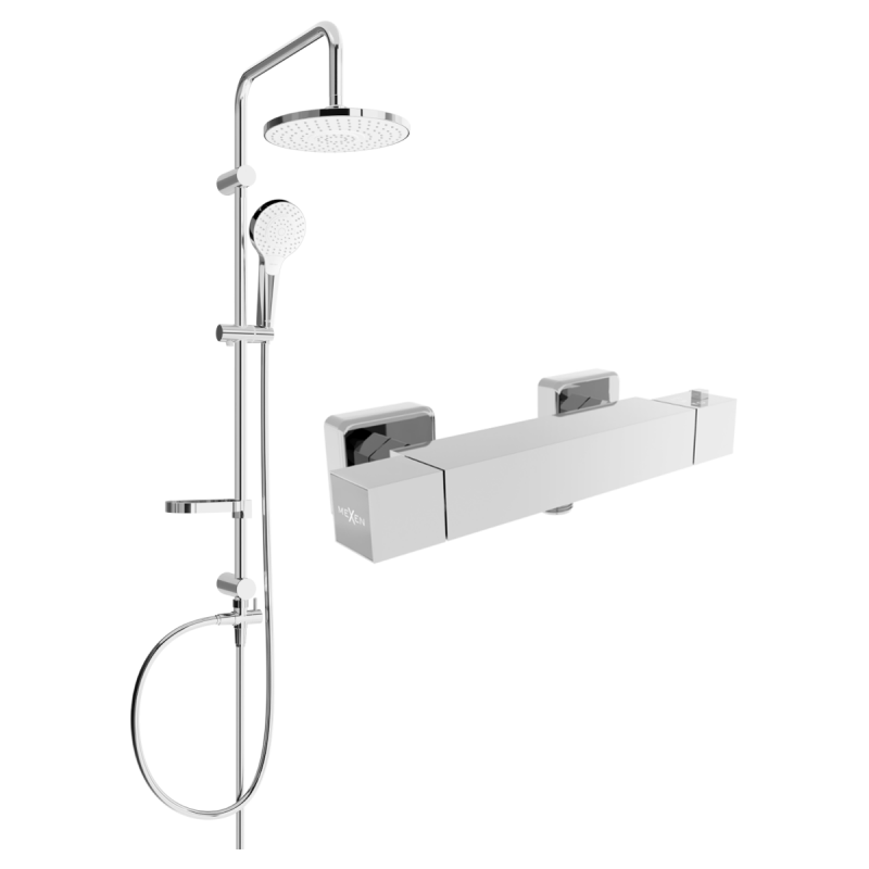 Mexen Cube Erik exposed shower set with rain showerhead and thermostatic shower mixer, chrome - 77200205-00