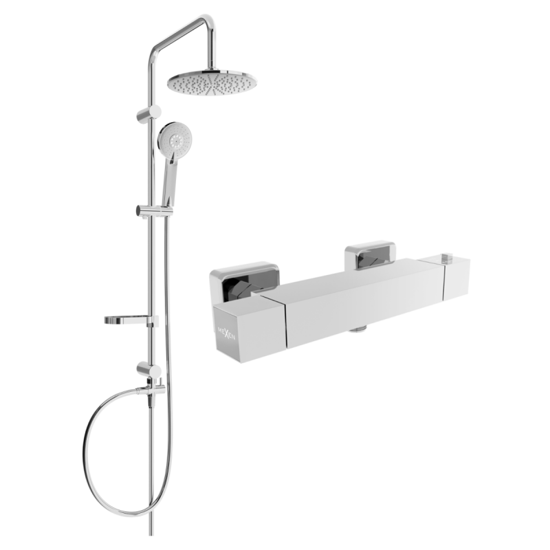 Mexen Carl exposed shower set with a rain showerhead and thermostatic shower mixer Cube, chrome - 77200240-00