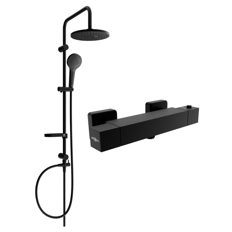 Mexen Erik exposed shower set with rain showerhead and Cube thermostatic shower mixer, black - 77200205-70