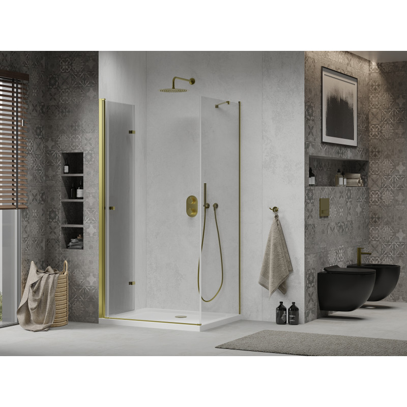 Mexen Lima foldable shower enclosure 100 x 90 cm, transparent, gold + Flat shower tray - 856-100-090-50-00-4010