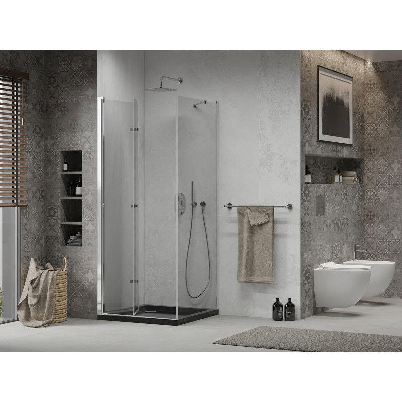 Mexen Lima folding shower enclosure 90 x 90 cm, transparent, chrome + Flat tray, black - 856-090-090-01-00-4070