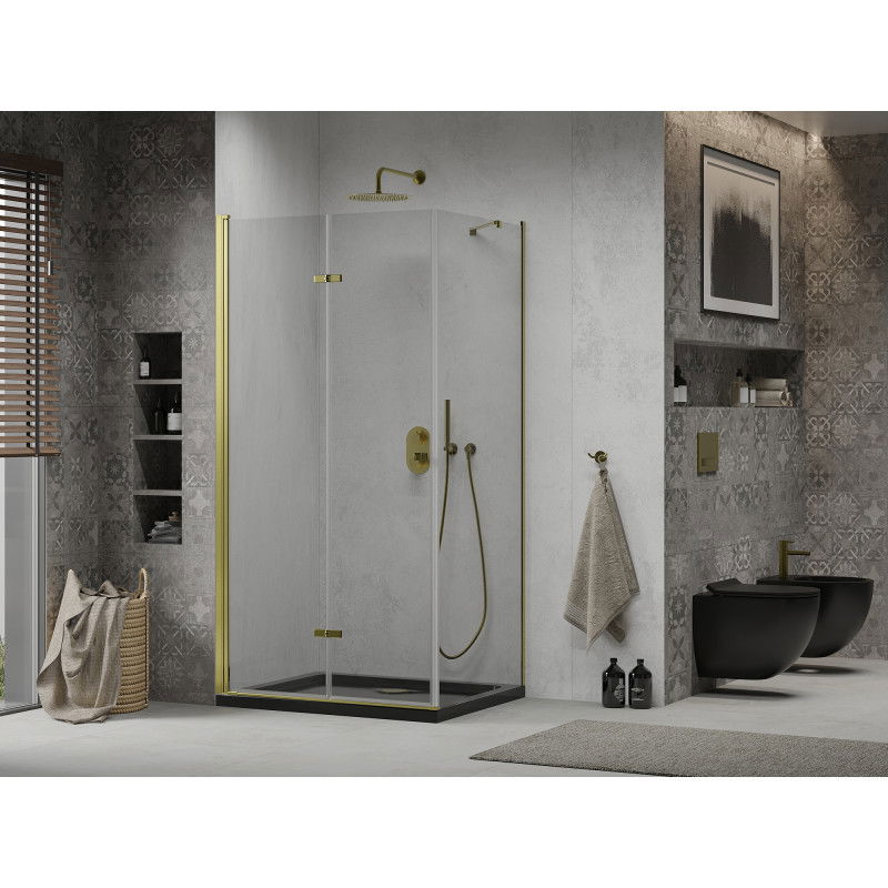 Mexen Lima 80 x 100 cm Folding Shower Enclosure, Transparent, Gold + Flat Tray, Black - 856-080-100-50-00-4070G