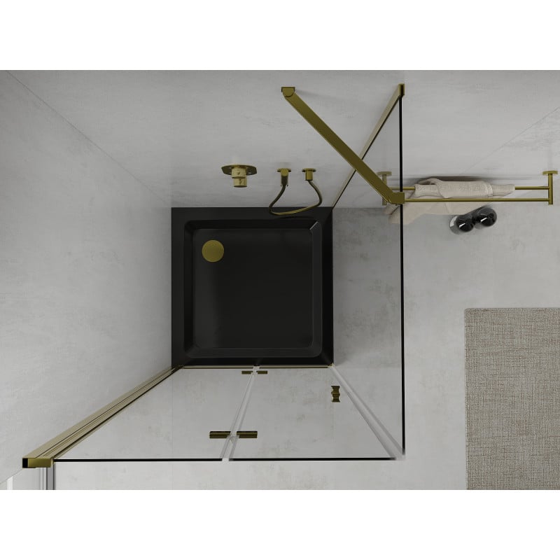 Mexen Lima folding shower cabin 80 x 80 cm, transparent, gold + Flat shower tray, black - 856-080-080-50-00-4070G