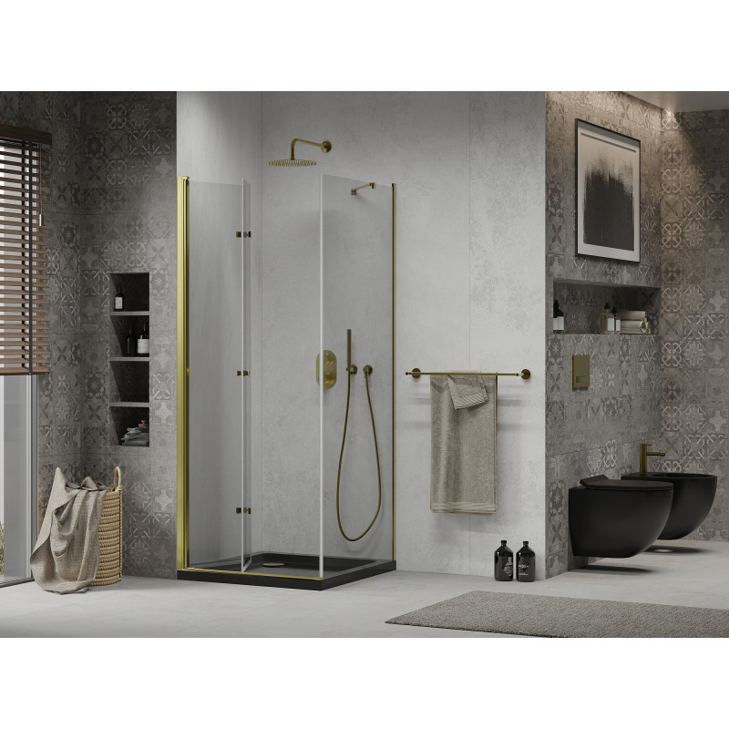 Mexen Lima folding shower cabin 80 x 80 cm, transparent, gold + Flat shower tray, black - 856-080-080-50-00-4070G
