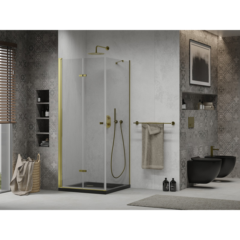 Mexen Lima folding shower cabin 80 x 80 cm, transparent, gold + Flat shower tray, black - 856-080-080-50-00-4070G