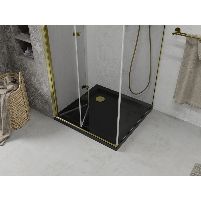 Mexen Lima folding shower cabin 90 x 90 cm, transparent, gold + Flat black shower tray - 856-090-090-50-00-4070G