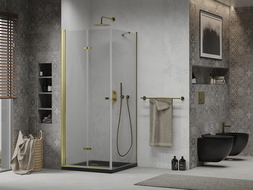 Mexen Lima folding shower cubicle 90 x 90 cm, Transparent, Gold + shower tray Flat, Black - 856-090-090-50-00-4070G