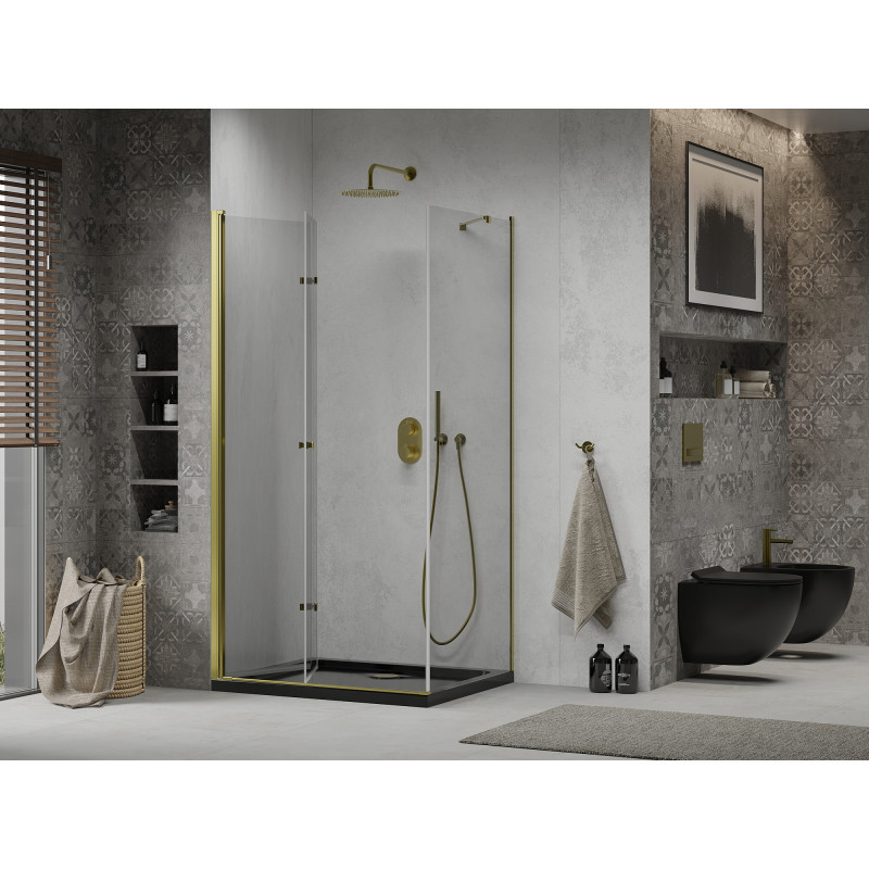 Mexen Lima folding shower enclosure 100 x 90 cm, transparent, gold + Flat shower tray, black - 856-100-090-50-00-4070G
