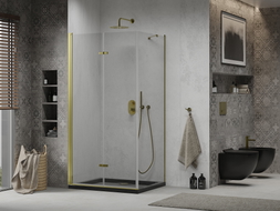 Mexen Lima folding shower enclosure 100 x 90 cm, transparent, gold + Flat shower tray, black - 856-100-090-50-00-4070G