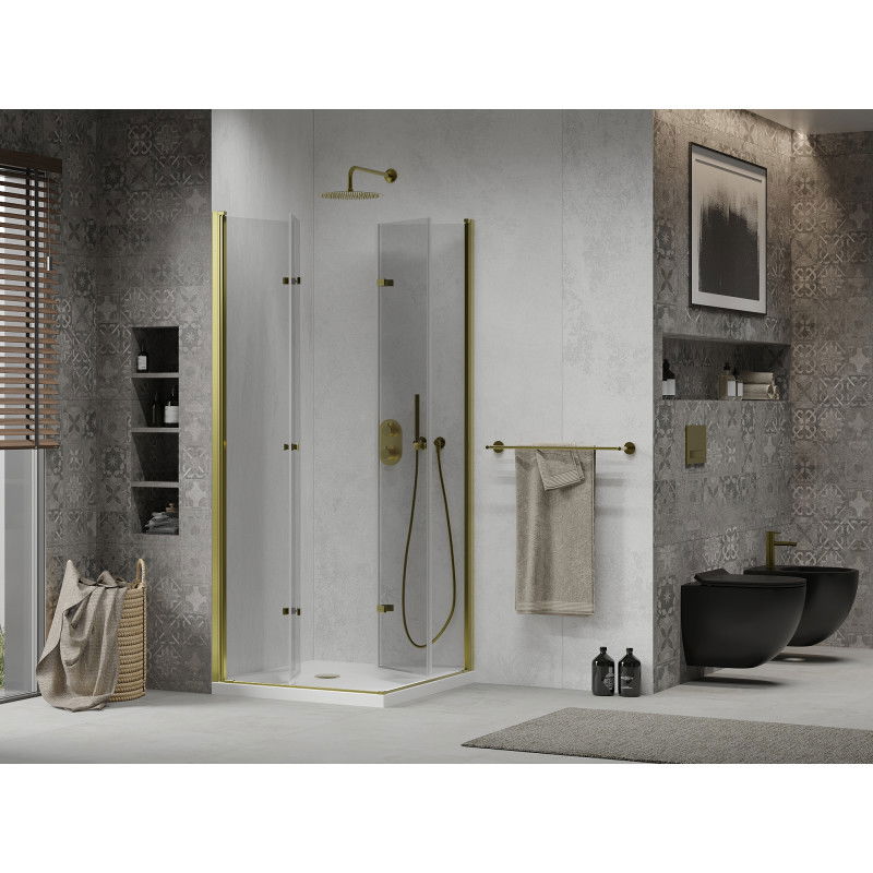 Mexen Lima Duo Folding Shower Enclosure 80 x 80 cm, Transparent, Gold + Flat Tray - 856-080-080-50-02-4010G