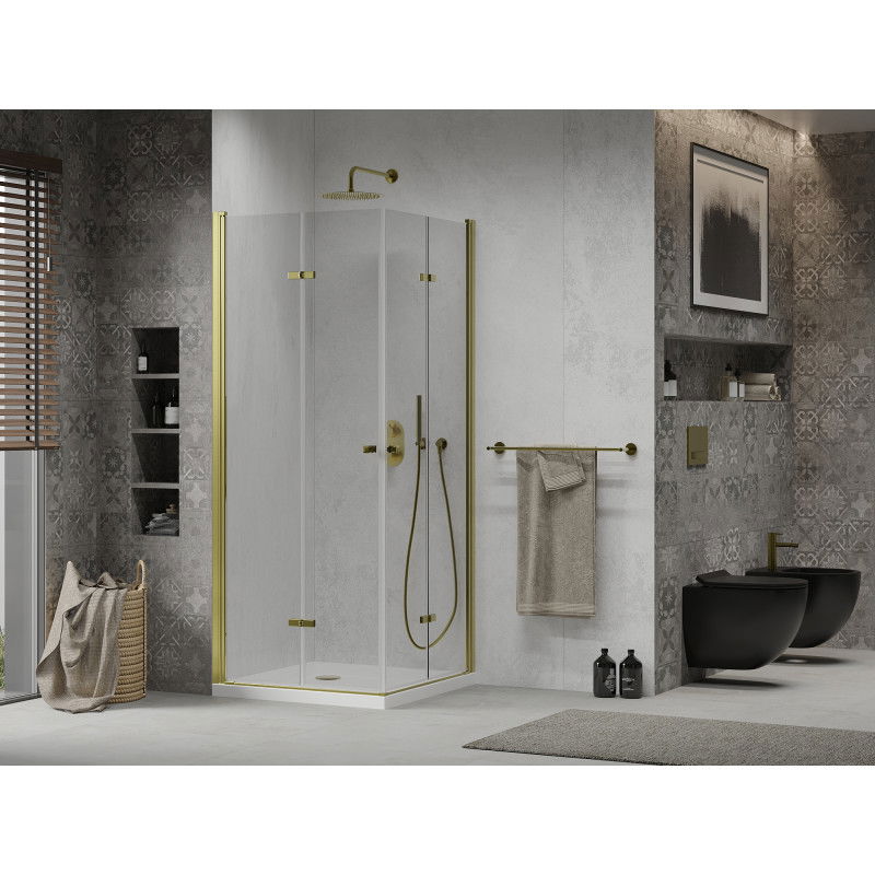 Mexen Lima Duo 90 x 90 cm Folding Shower Enclosure, Transparent, Gold + Flat Tray - 856-090-090-50-02-4010G