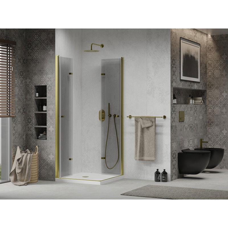 Mexen Lima Duo 90 x 90 cm Folding Shower Enclosure, Transparent, Gold + Flat Tray - 856-090-090-50-02-4010G